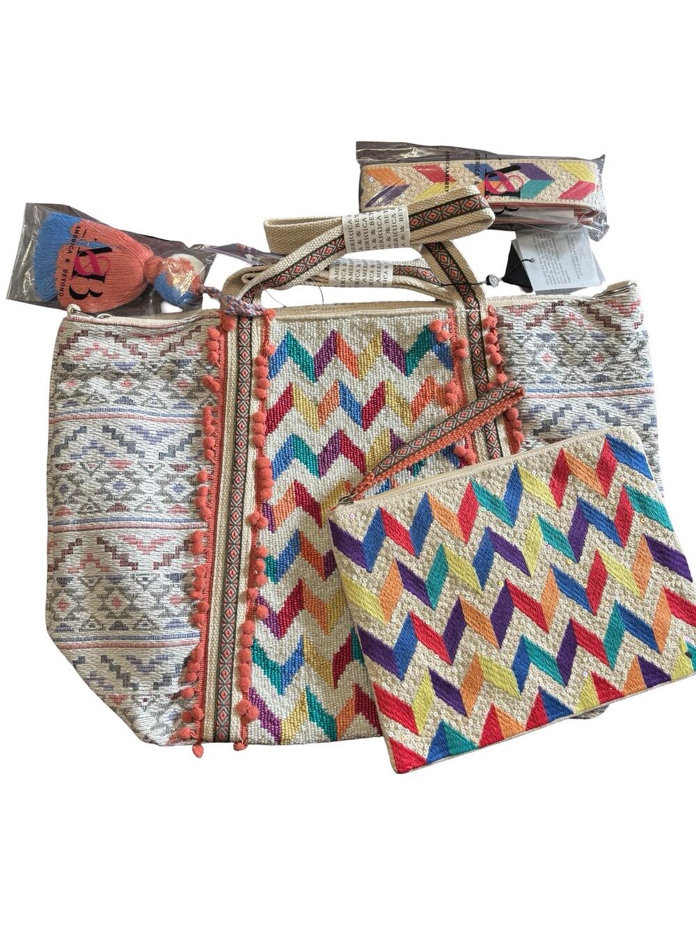NWT! America & Beyond Beaded Fabric Tote Bag with Clutch in Chic Chevron